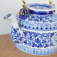 5-inch W Vintage Blue and White Porcelain Lidded Teapot w/ Brass Handle