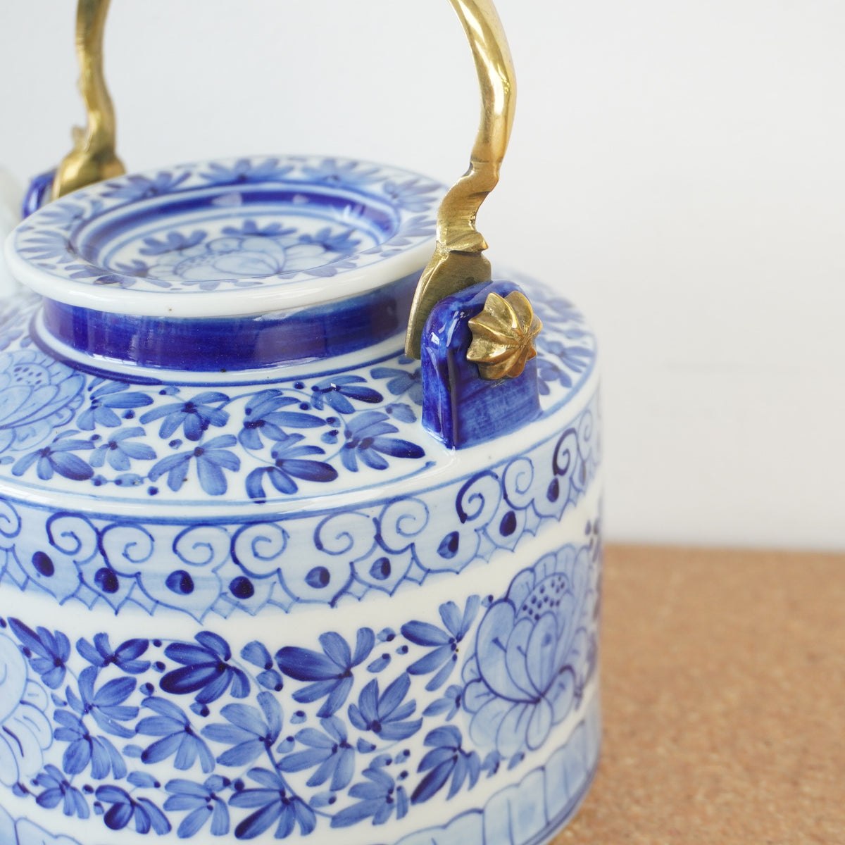 5-inch W Vintage Blue and White Porcelain Lidded Teapot w/ Brass Handle