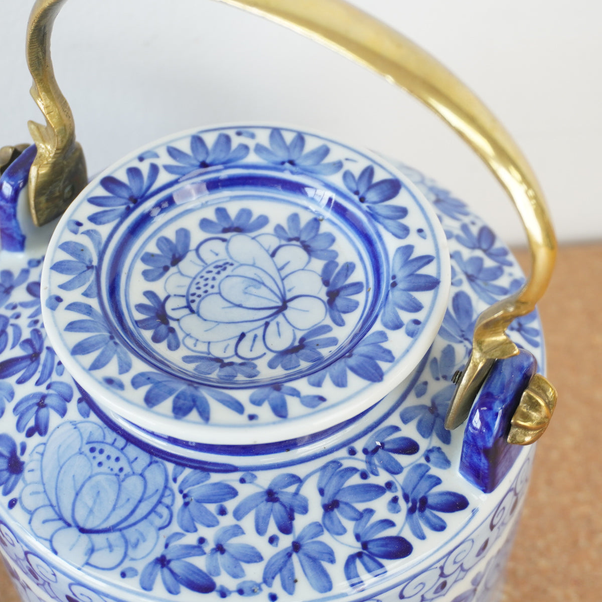 5-inch W Vintage Blue and White Porcelain Lidded Teapot w/ Brass Handle
