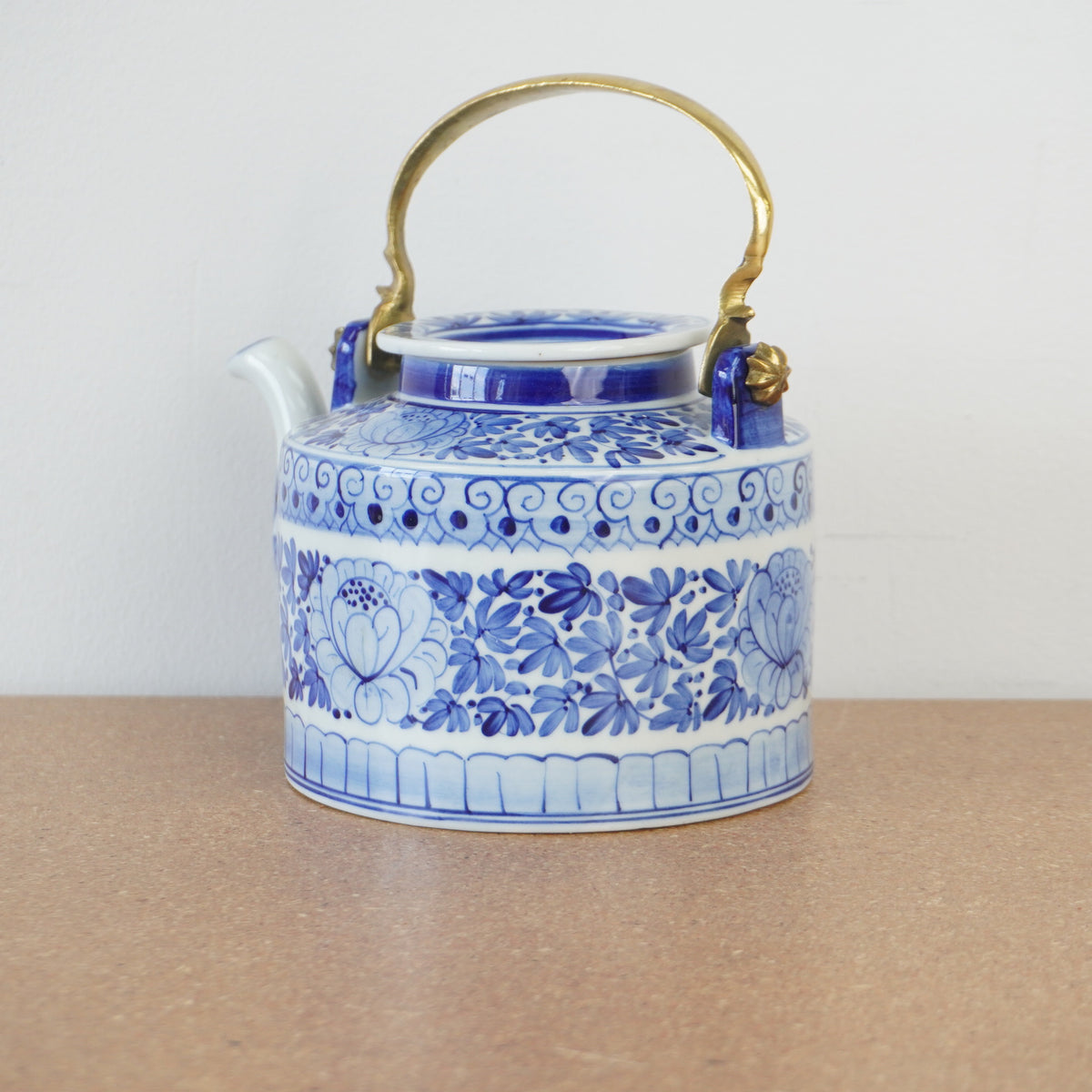 5-inch W Vintage Blue and White Porcelain Lidded Teapot w/ Brass Handle
