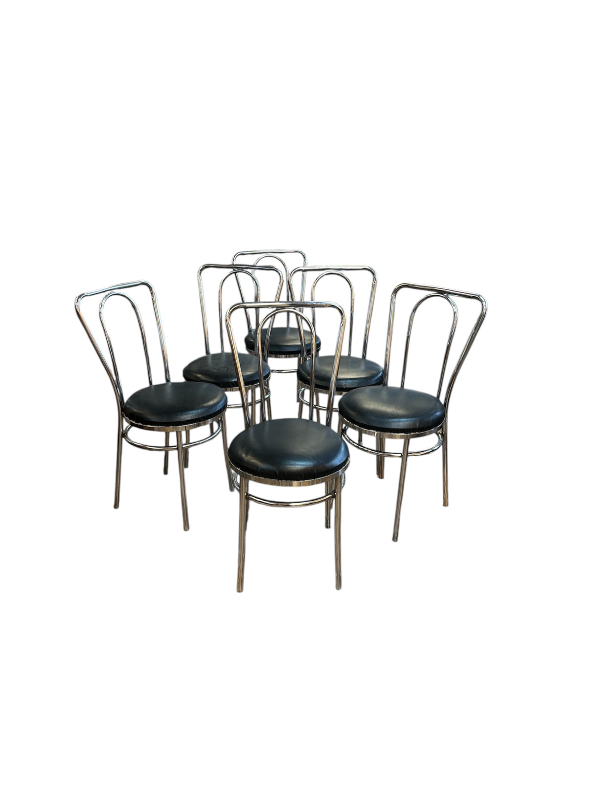 Set of 6 Chrome Chairs with Black Upholstered Seats