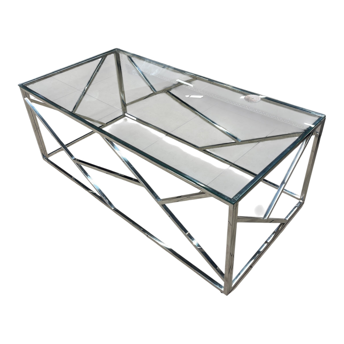 Modern Geometric Glass Coffee Table w/ Chrome Metal Frame