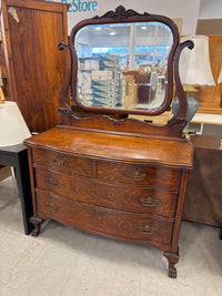 47" W Antique Victorian Serpentine Tiger Oak Dresser With A Matching Pivoting Mirror