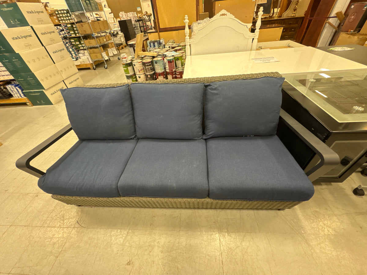 4 Pieces Patio Set Features Dark Navy Blue Cushions and a Grey Wicker Frame