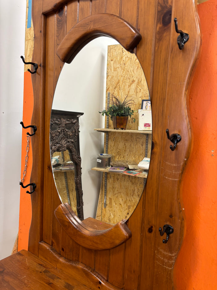 Large Wooden Hall Tree with Oval Mirror