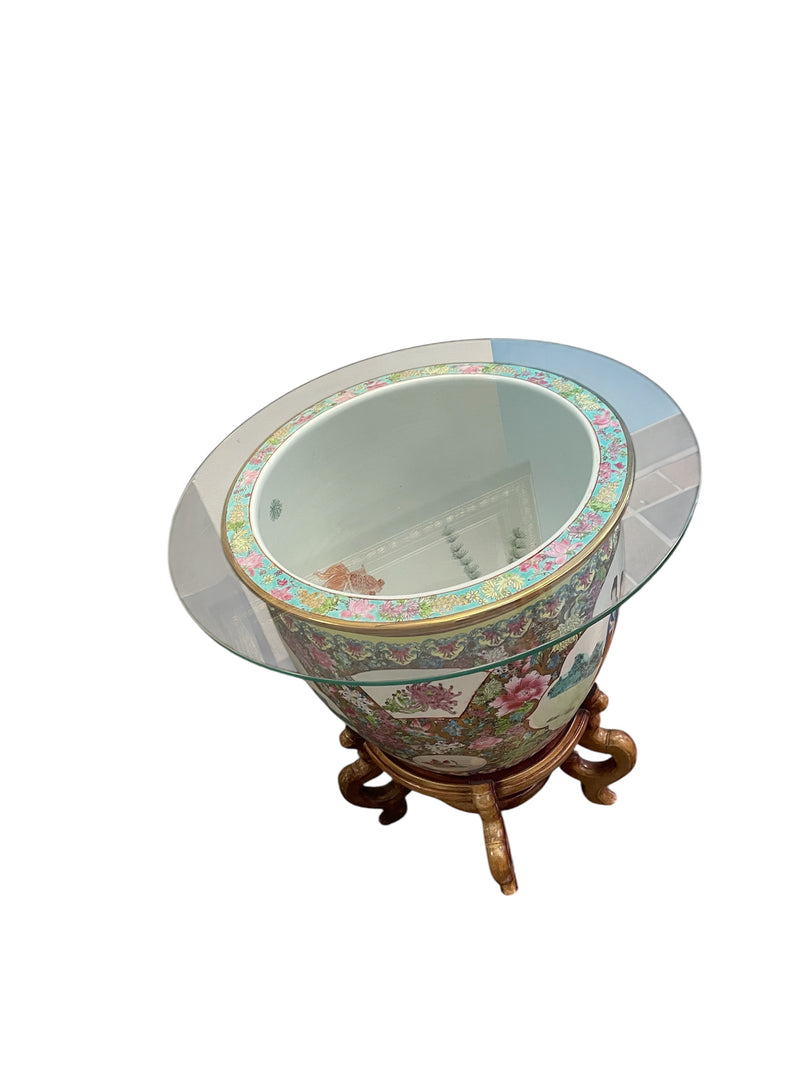 Round Glass Top Porcelain Vase Side Table