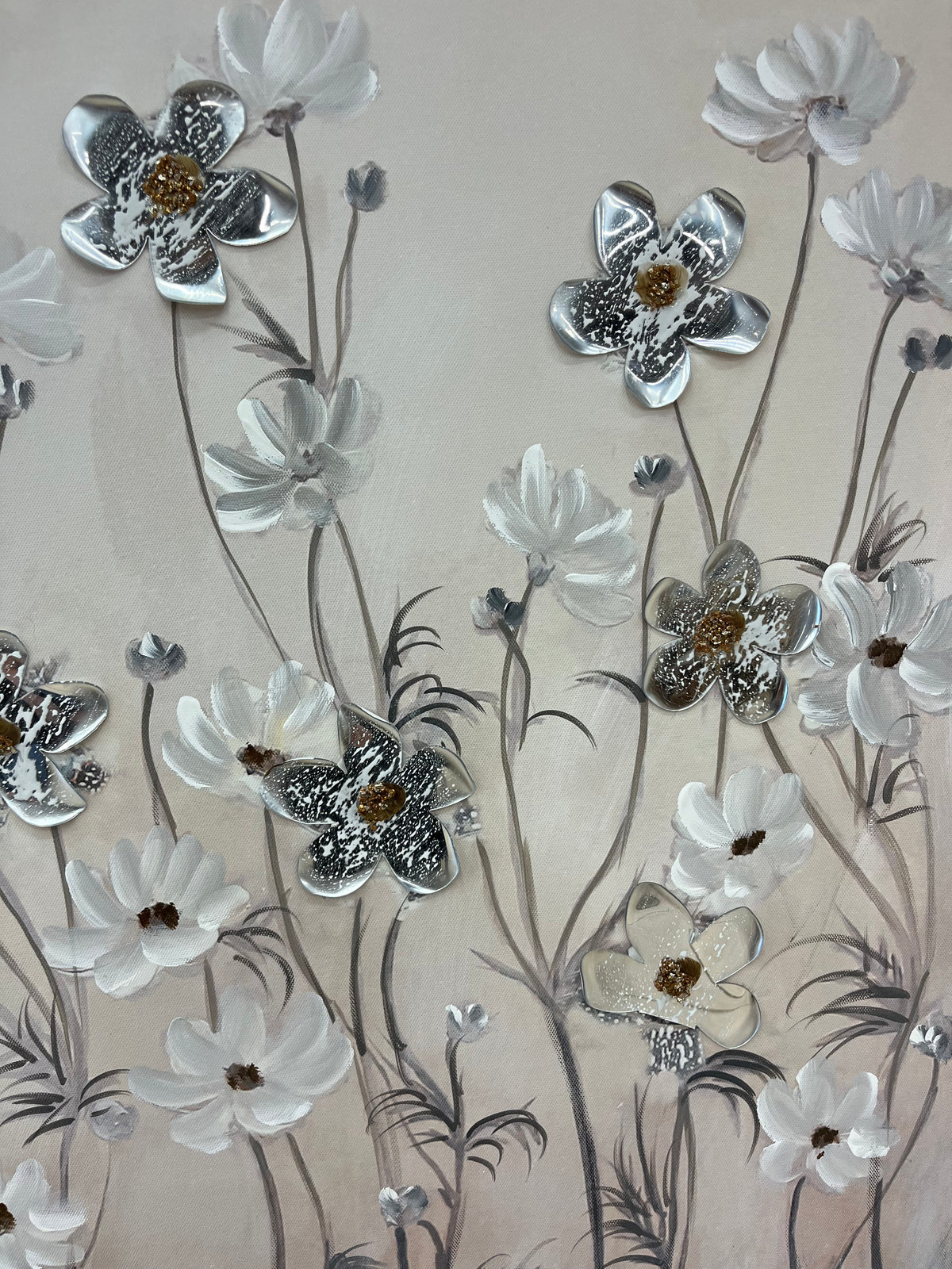 Floral Canvas Wall Art with Reflective 3D Flowers