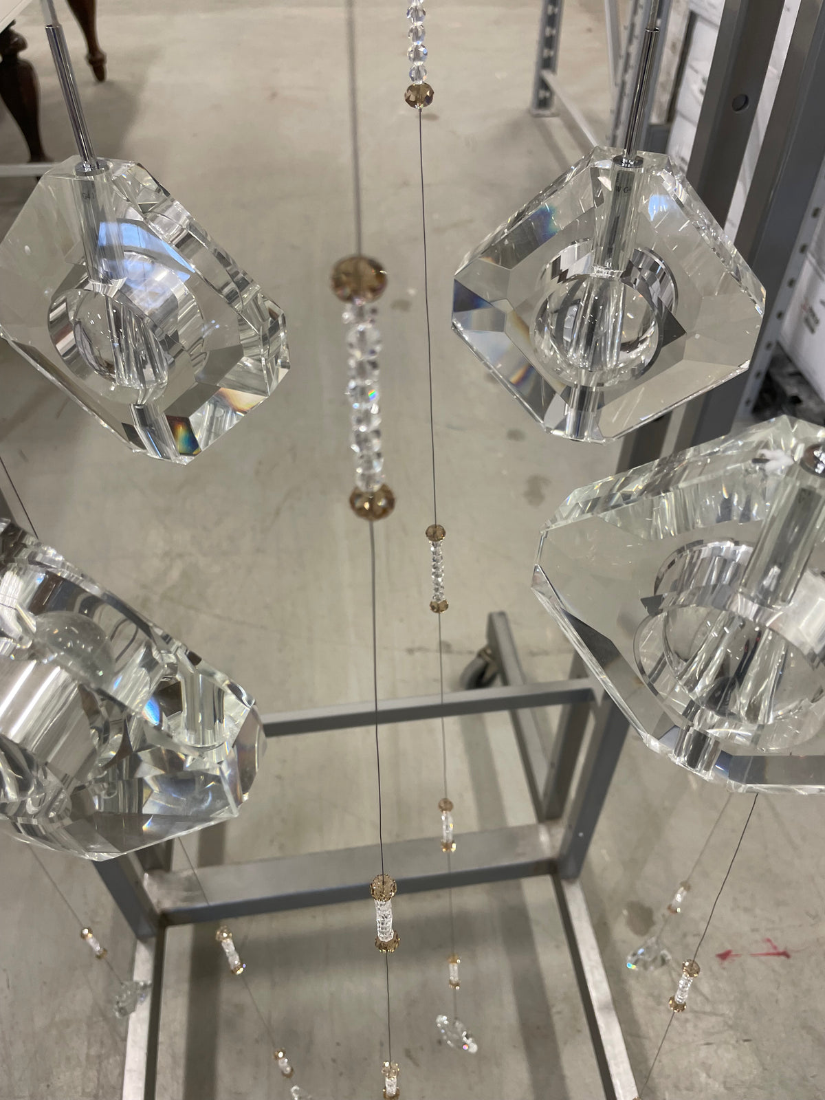 6-Crystal Chandelier with White Rectangular Canopy and 2-tone Crystal Strands