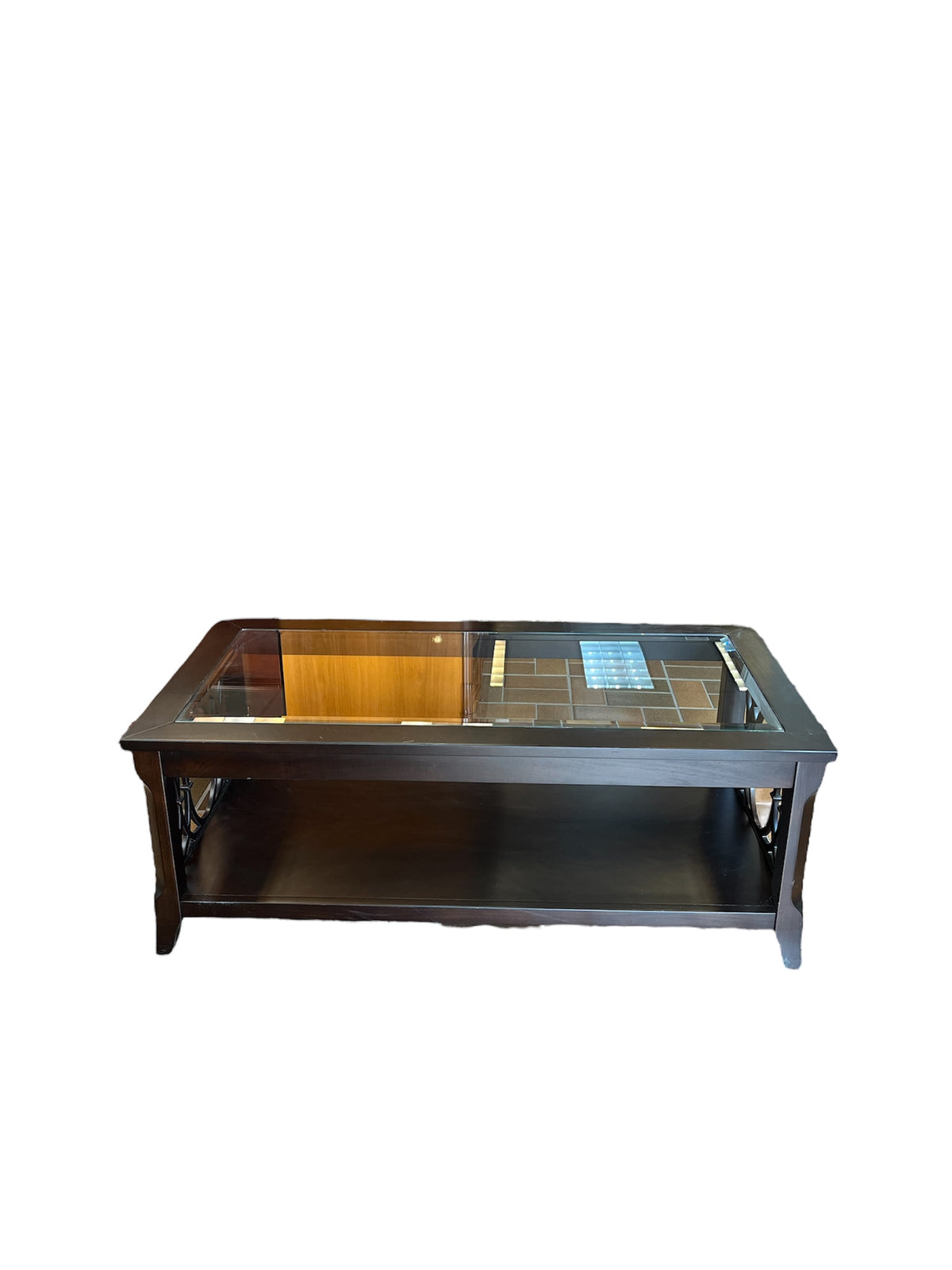 Glass Top Coffee Table With Geometric Wood Sides