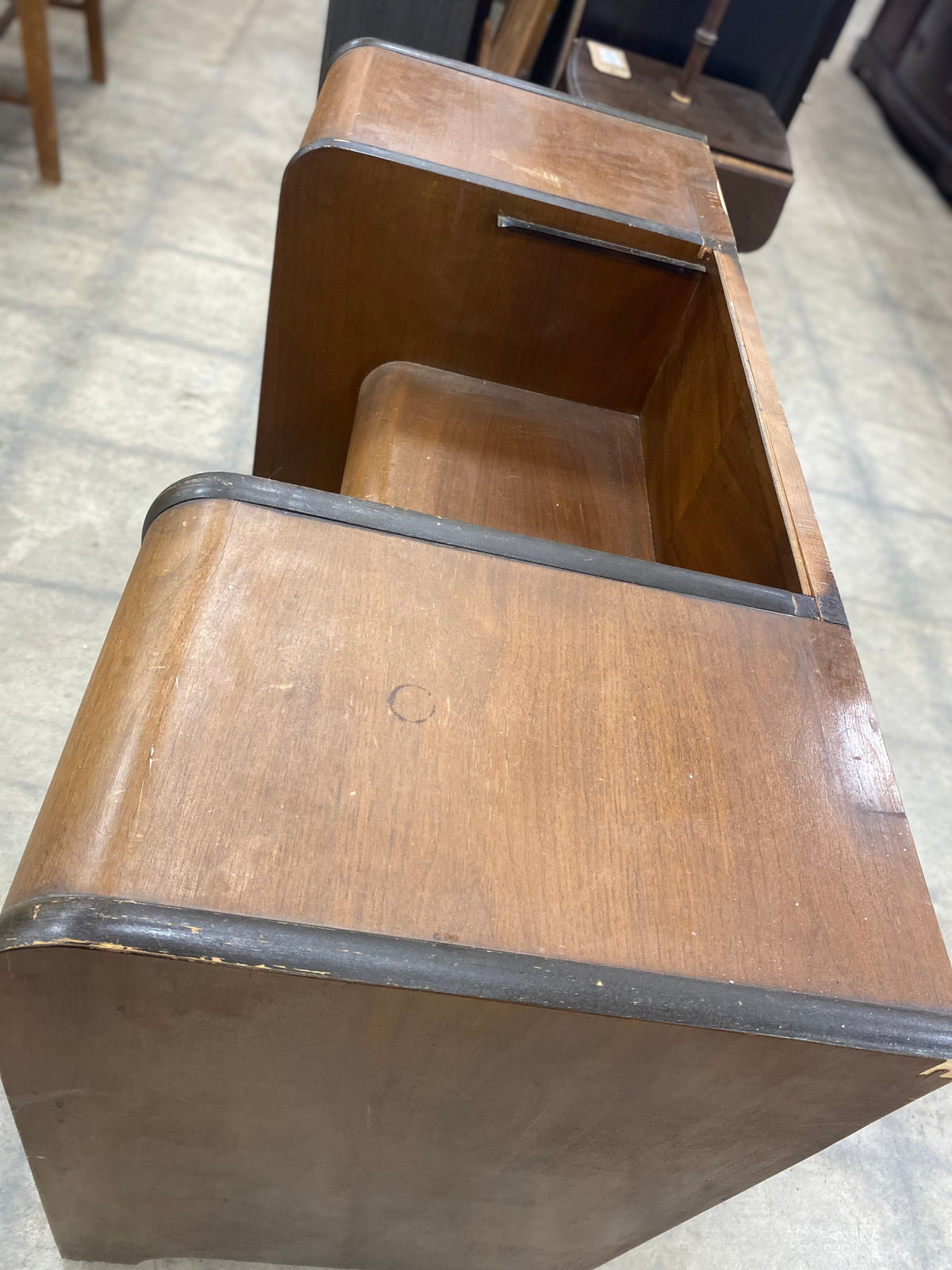 Small Brown Vintage Makeup Vanity With Wooden Chair