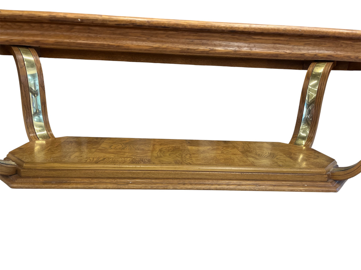 Oak Tone Wood & Glass Coffee Table with Gold Accents