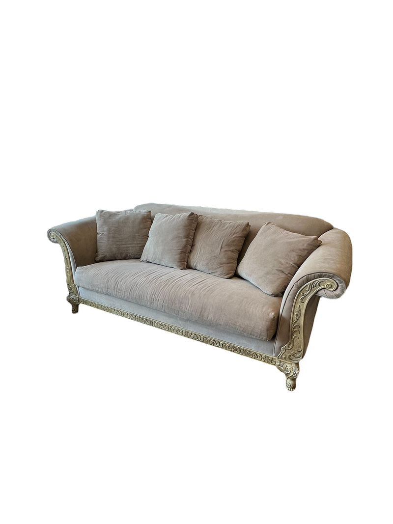 Scroll Arm Velvet Sofa With Carved Wood Frame Detailing