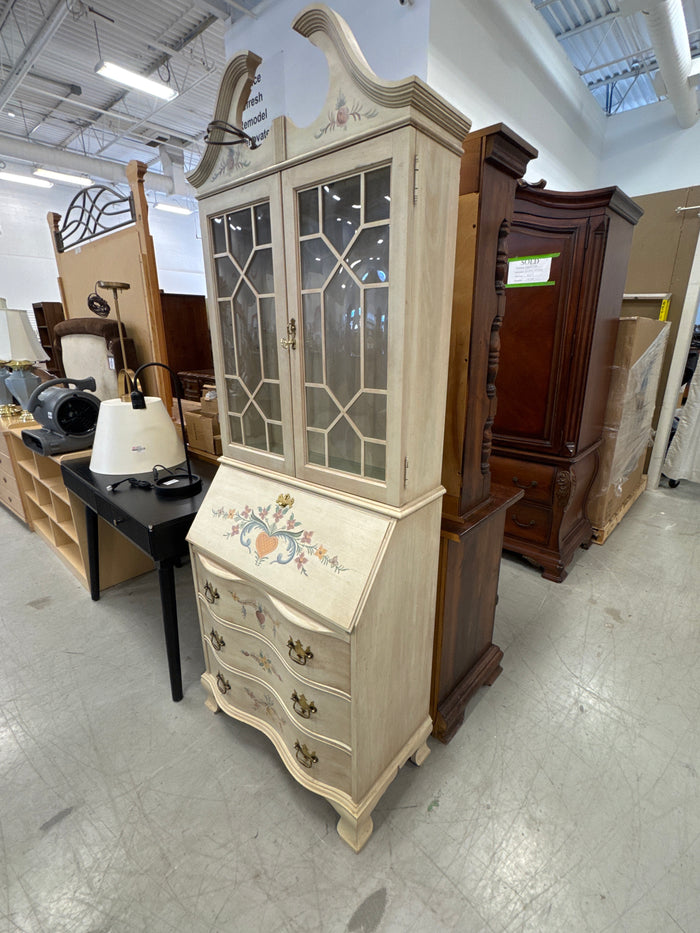 30” Wide - Cream Secretary Desk and Hutch Featuring Delicate Hand-Painted Floral Motifs and Glass Upper Cabinet Doors.