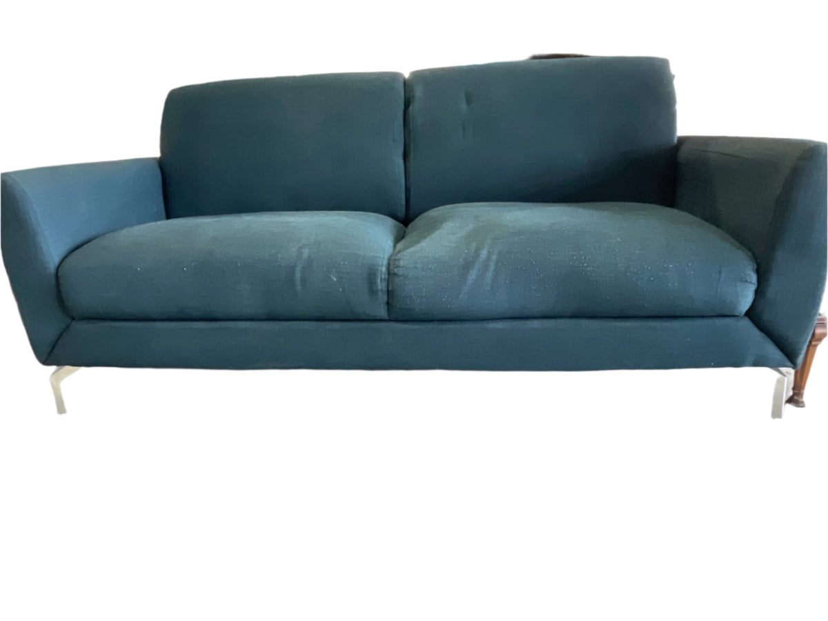 Blue leather two seater sofa