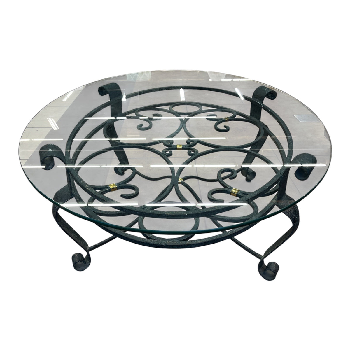Round Glass Coffee Table with Wrought Iron Base