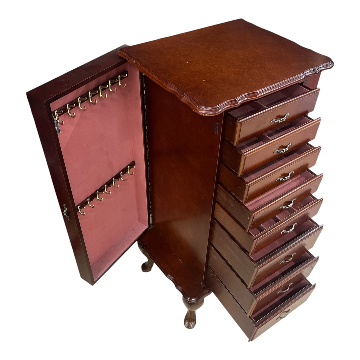 Traditional Wooden Jewelry Armoire with Mirror and Side Necklace Cabinet