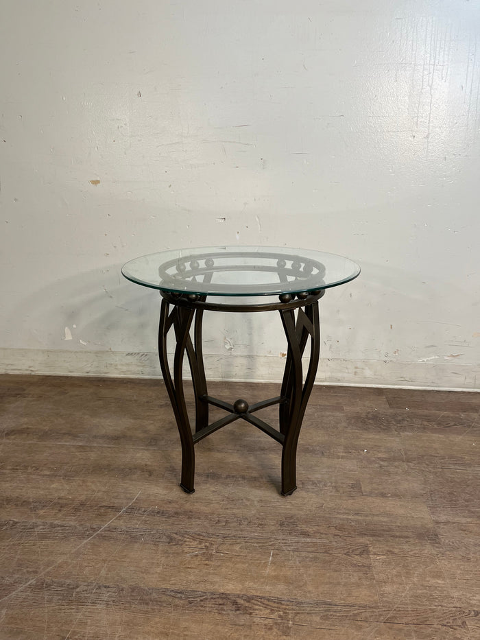 Glass Top Table with Bronze Metal Pedestal Base