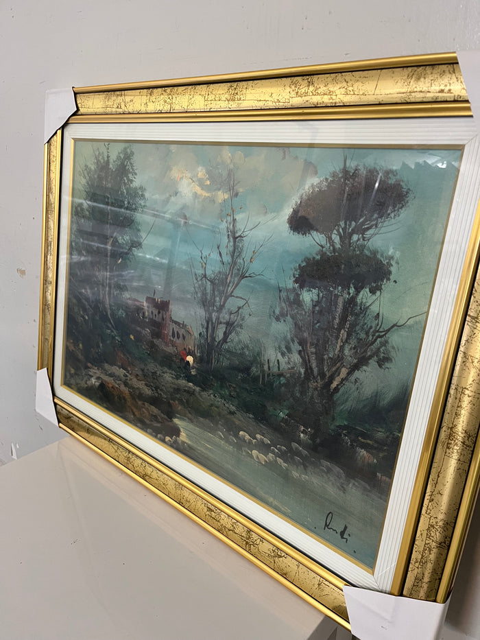 Framed Rustic Countryside River Painting