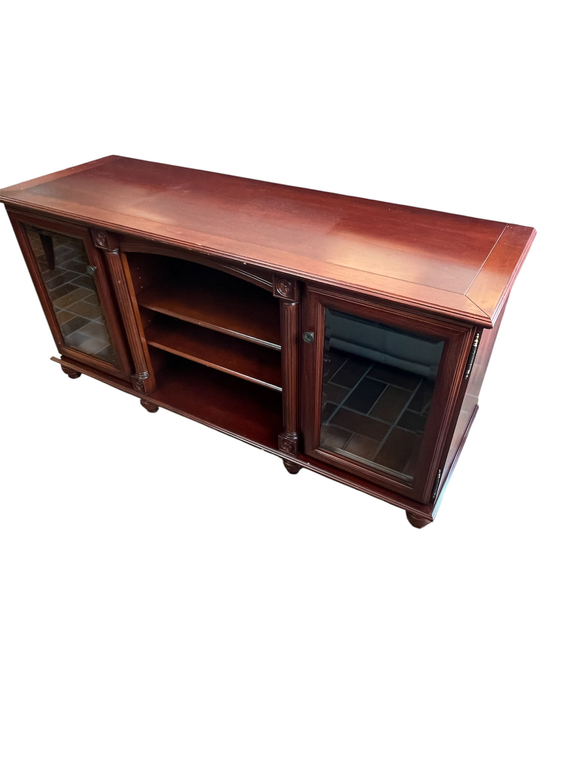 Cherry Wood Media Console Table With Glass Door Cabinets