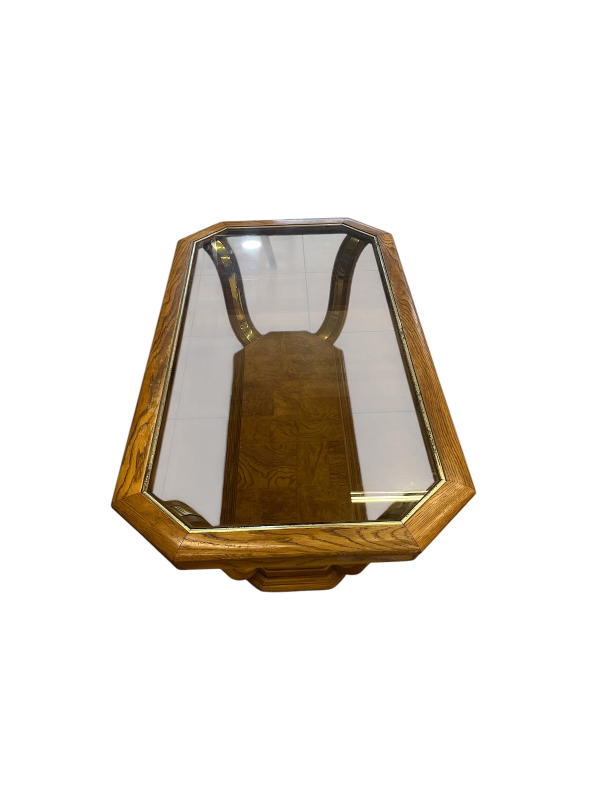 Oak Tone Wood & Glass Coffee Table with Gold Accents