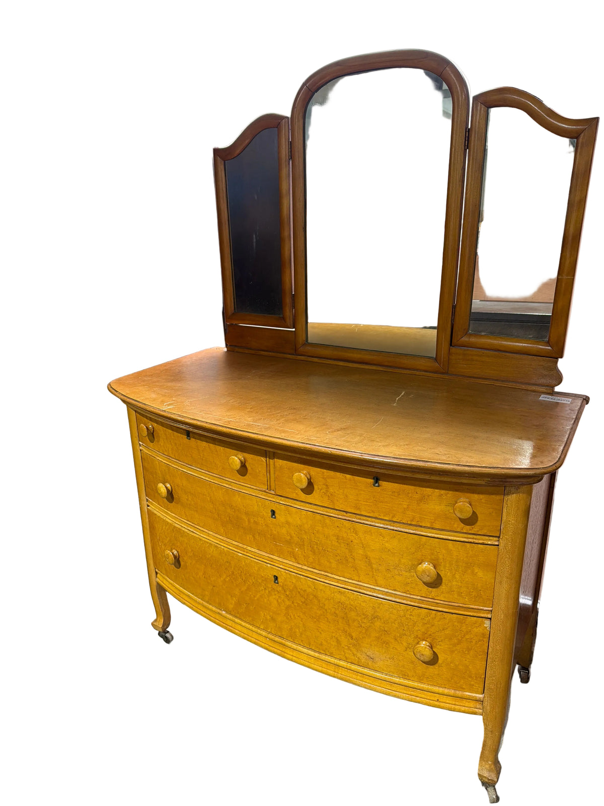 Cassandra Vintage Pine Dresser with 3-Pane Mirror and Original Casters