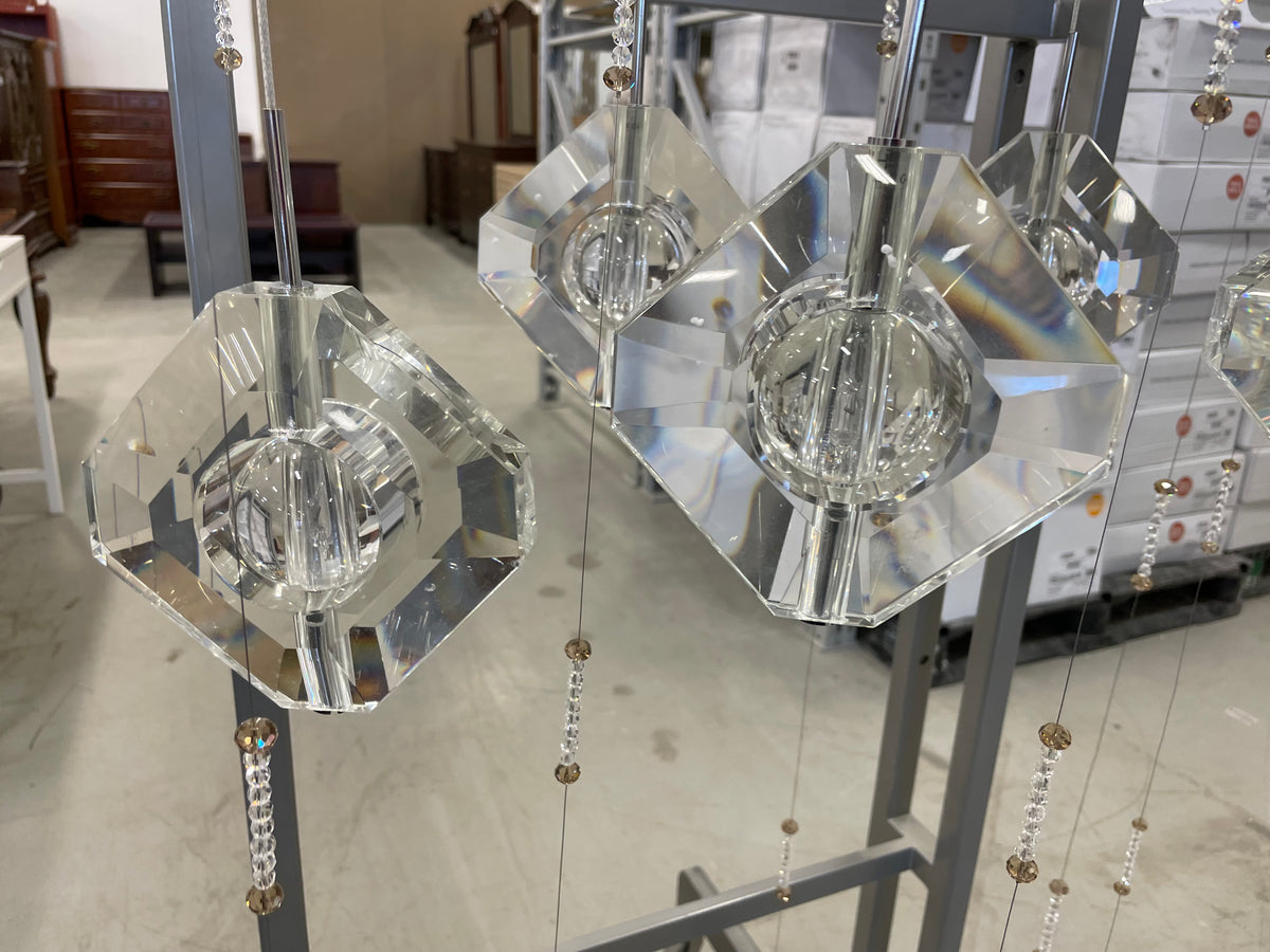 6-Crystal Chandelier with White Rectangular Canopy and 2-tone Crystal Strands