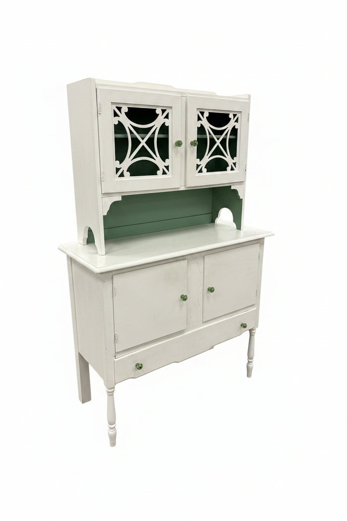 White and Mint Green Vintage Hooiser Kitchen Cabinet