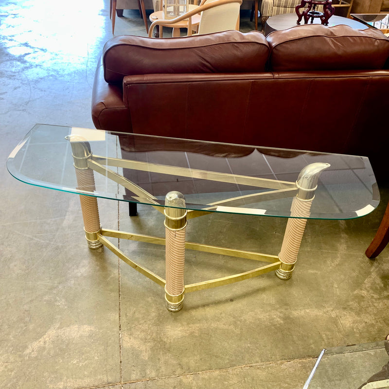 53-Inch W Vintage Italian Console Table – Glass Top with Sculptural Brass Frame