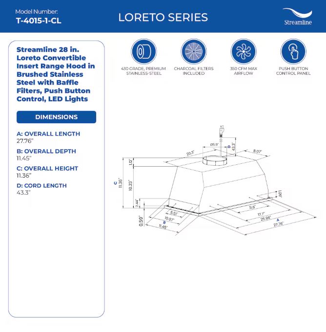Streamline Loreto 28-inch  Convertible Range Hood