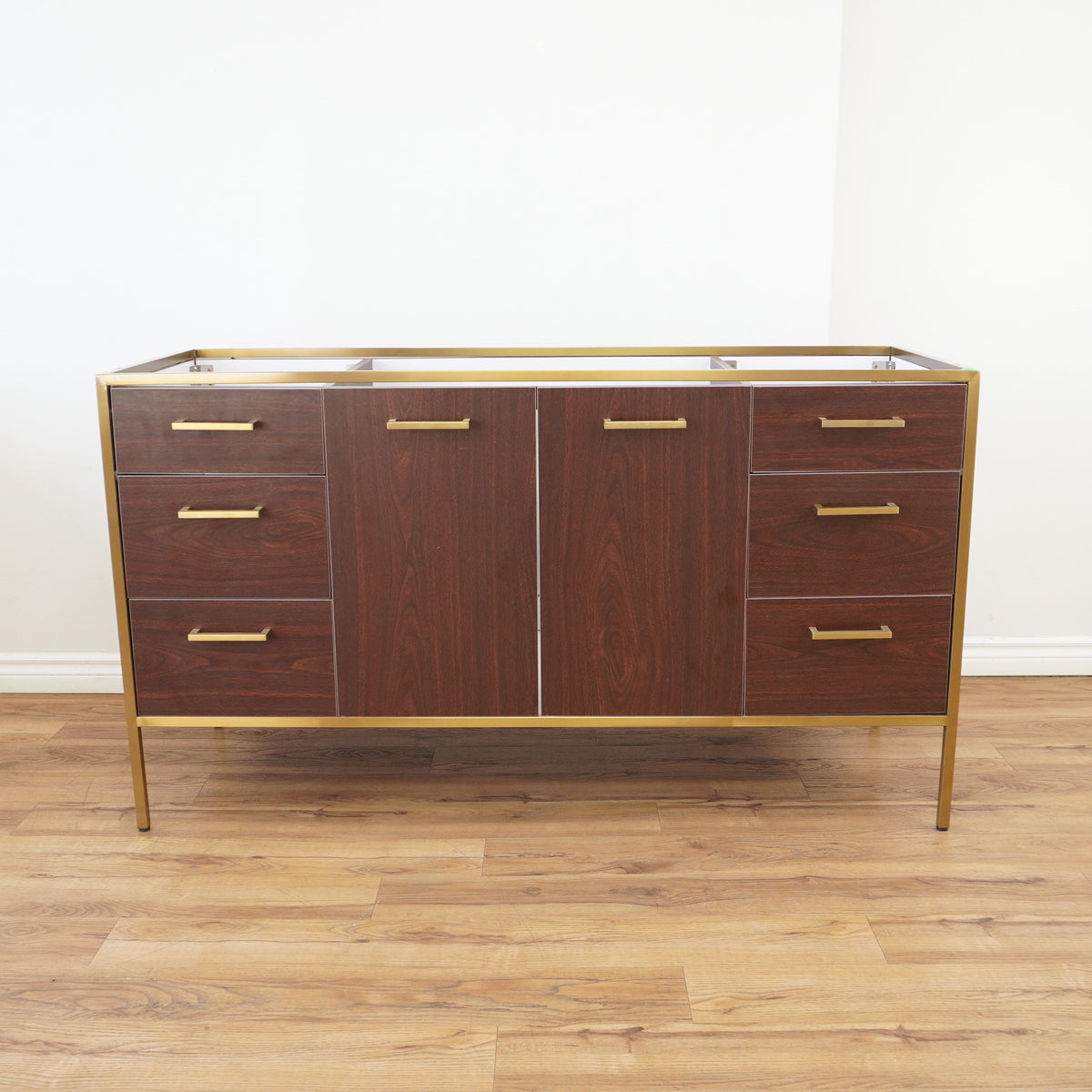 60-inch Brass Metal Frame Bathroom Vanity in Walnut