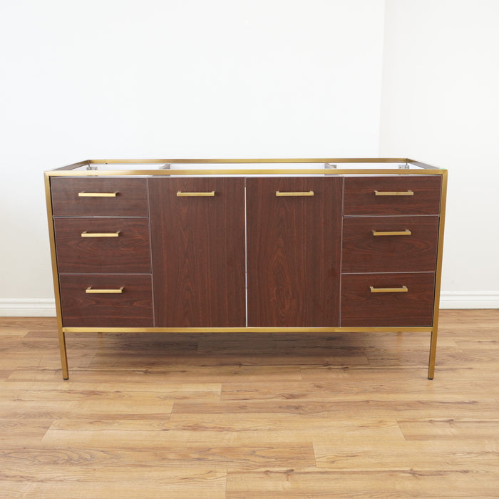 60-inch Brass Metal Frame Bathroom Vanity in Walnut