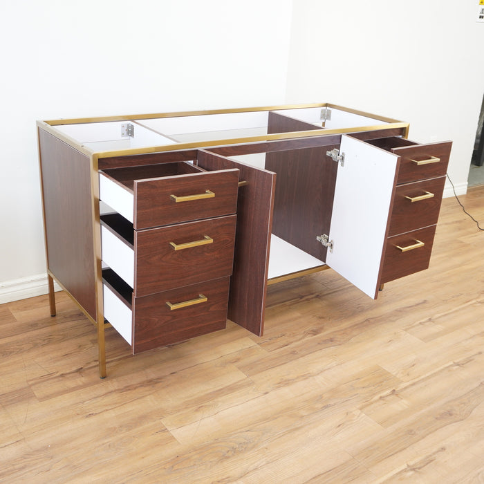 60-inch Brass Metal Frame Bathroom Vanity in Walnut