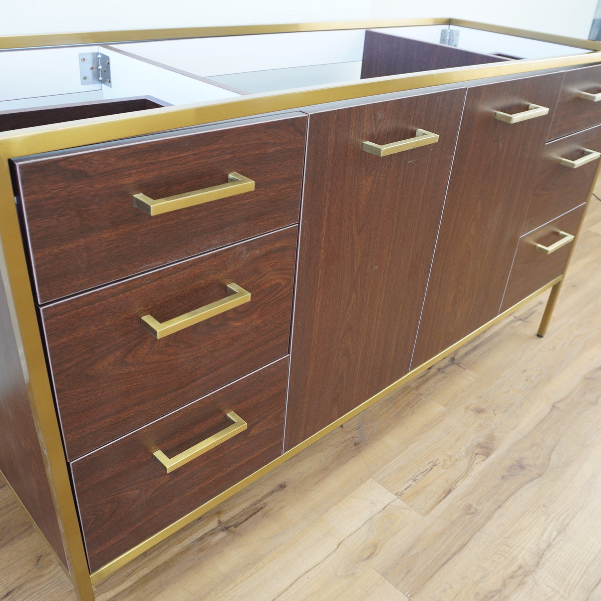 60-inch Brass Metal Frame Bathroom Vanity in Walnut