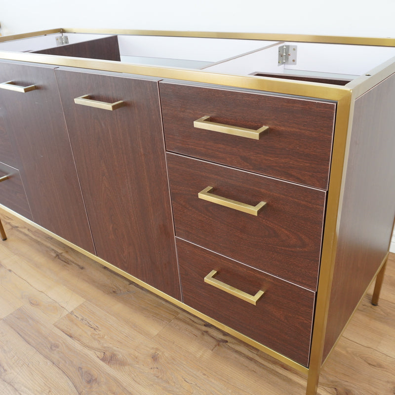 60-inch Brass Metal Frame Bathroom Vanity in Walnut
