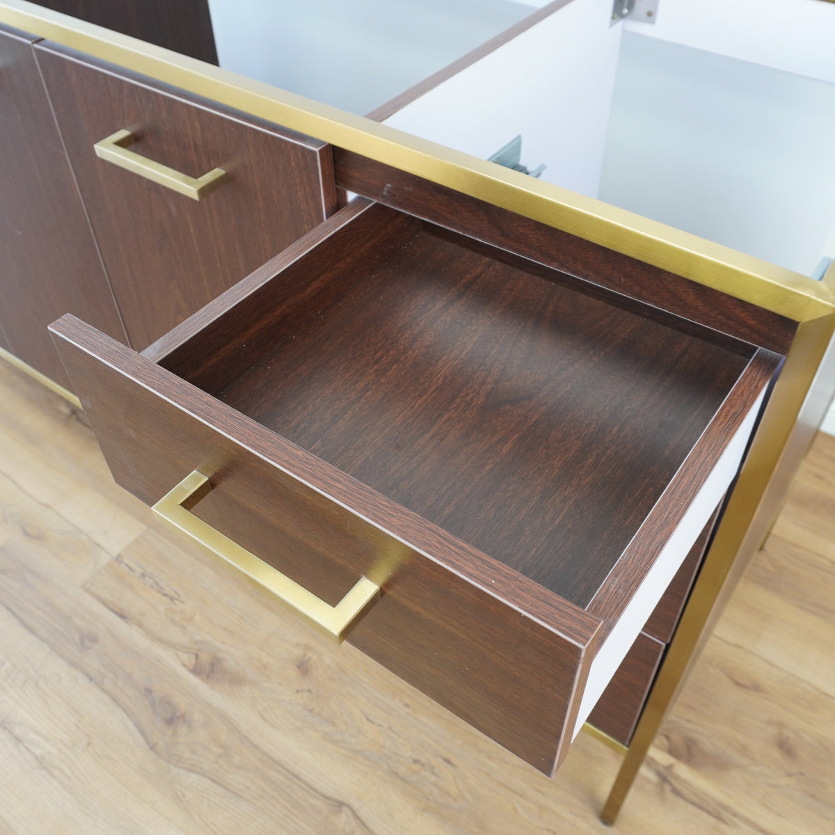 60-inch Brass Metal Frame Bathroom Vanity in Walnut