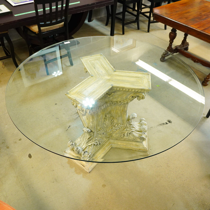 60-inch W Carved Pedestal Glass Top Round Dining Table
