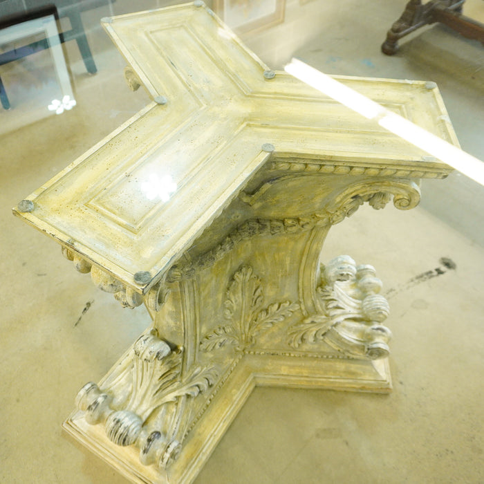 60-inch W Carved Pedestal Glass Top Round Dining Table
