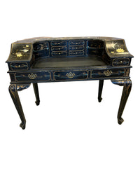 Black Lacquer and Gold Chinoiserie Harpsichord-Style Antique Writing Desk