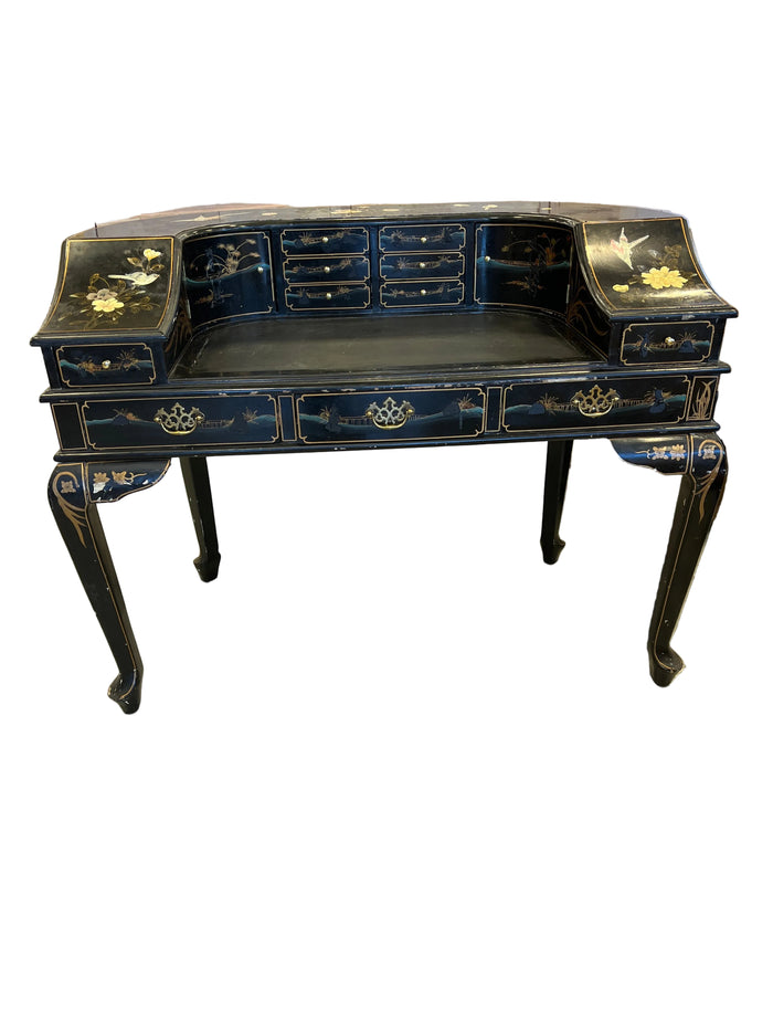 Black Lacquer and Gold Chinoiserie Harpsichord-Style Antique Writing Desk