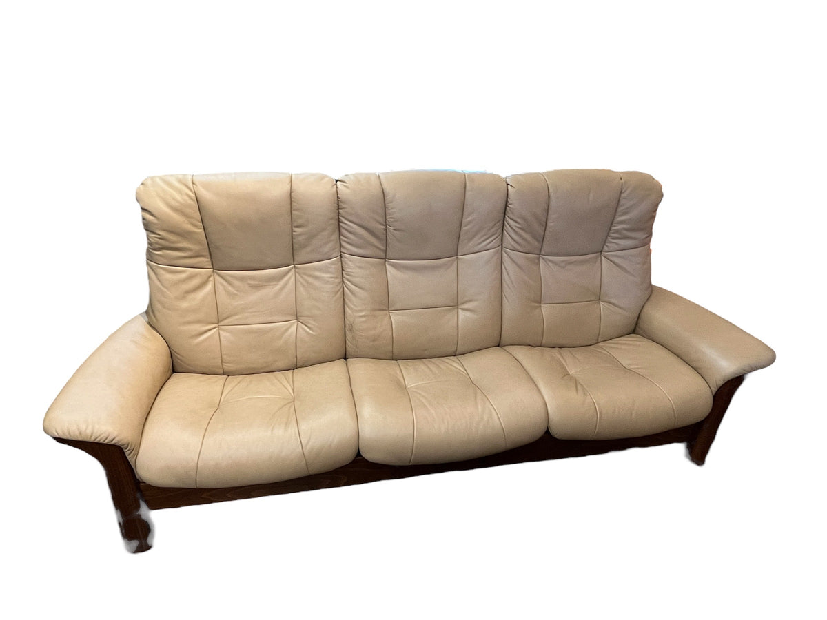 Beige Leather Reclining Sofa With Wood Frame