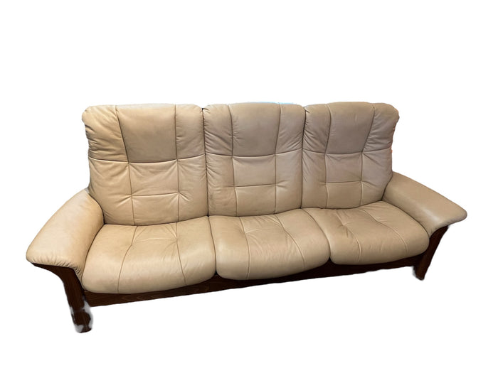 Beige Leather Reclining Sofa With Wood Frame