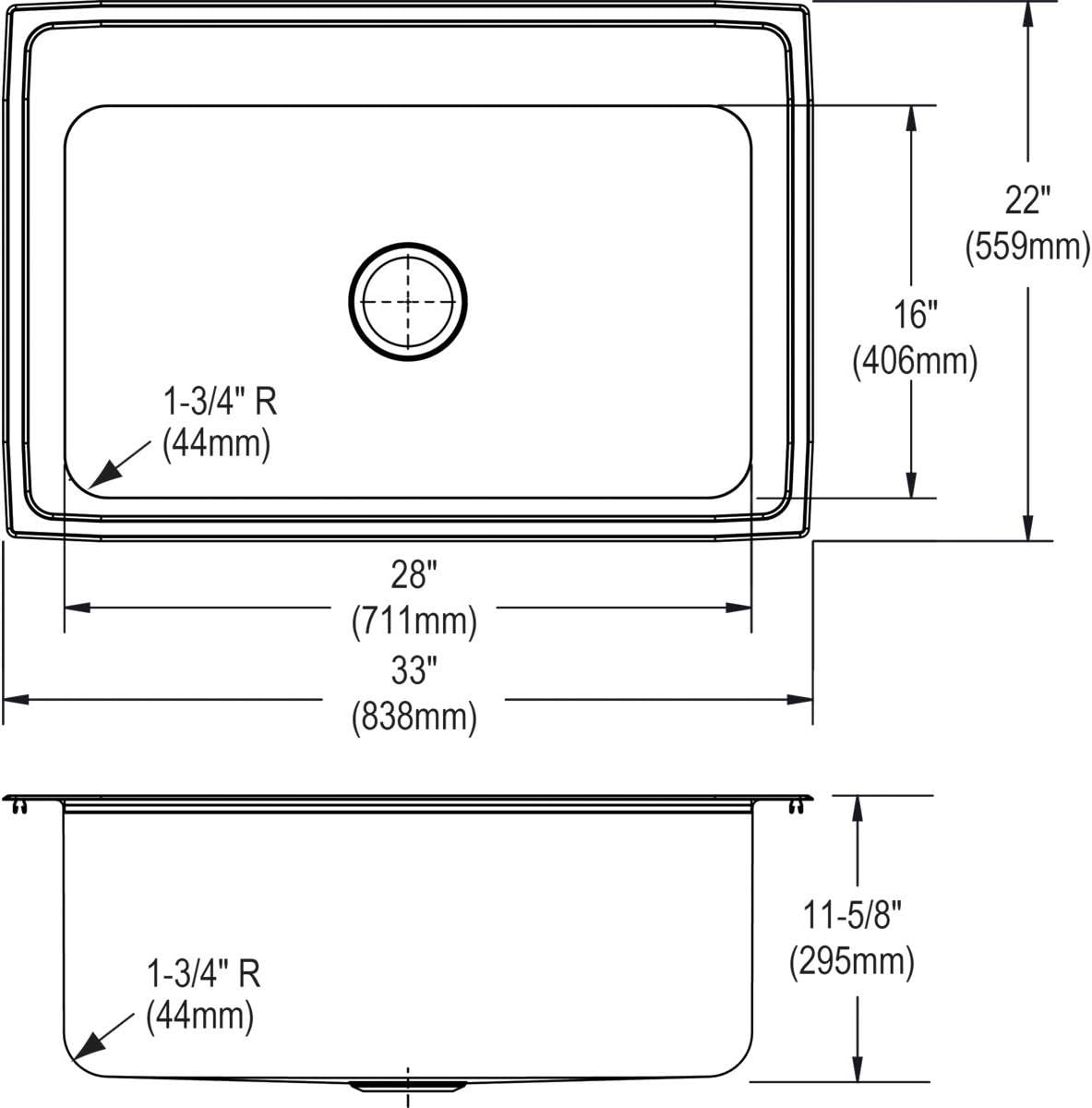 Elkao|#Elkay DLRS3322123 18 Gauge Stainless Steel 33 Inch x 22 Inch x 11.625 Inch Single Bowl Top Mount Kitchen Sink- 3 Hole,