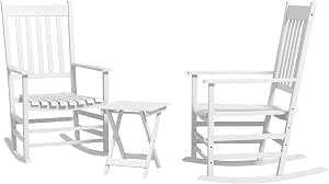 Outsunny 3 Pieces Outdoor Rocking Chair Set with Folding Side Table White