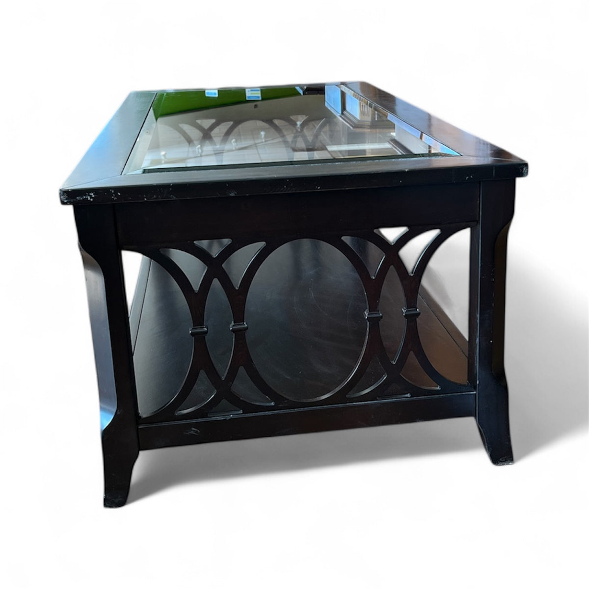 Glass Top Coffee Table With Geometric Wood Sides