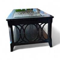 Glass Top Coffee Table With Geometric Wood Sides