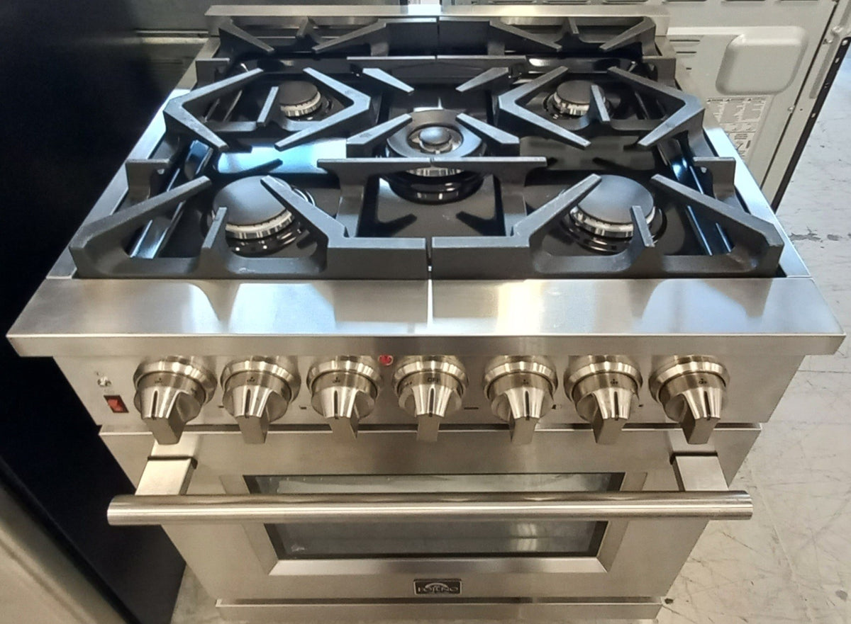 Forno Capriasca 30-inch Freestanding Dual Fuel Range All Stainless Steel, 5 Brass Burners, 4.32 cu.ft.