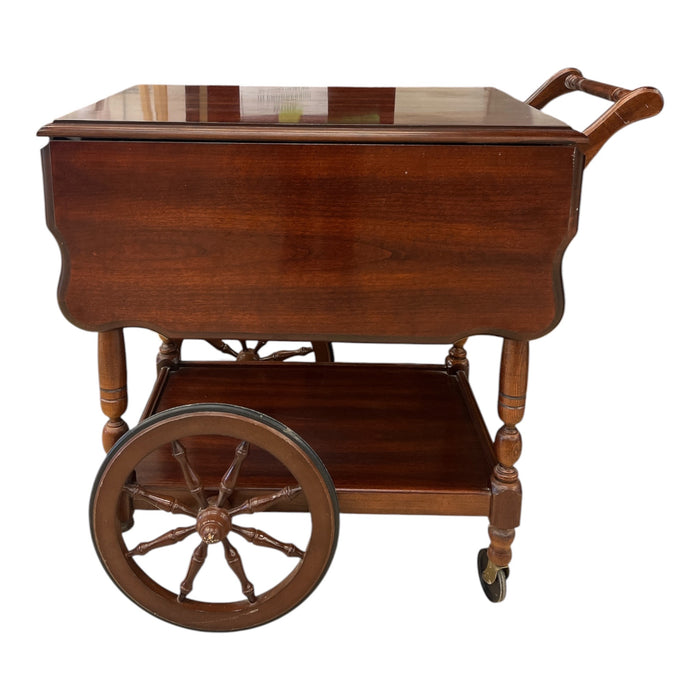 Vintage Mahogany Drop-Leaf Tea Cart with Spindle Wheels and Lower Shelf
