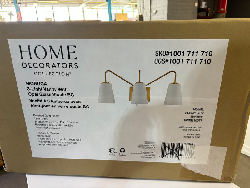 Home Decorators Collection 3-Light Bathroom Dimmable Brushed Gold Vanity Light Bell Shape Opal Glass Shade