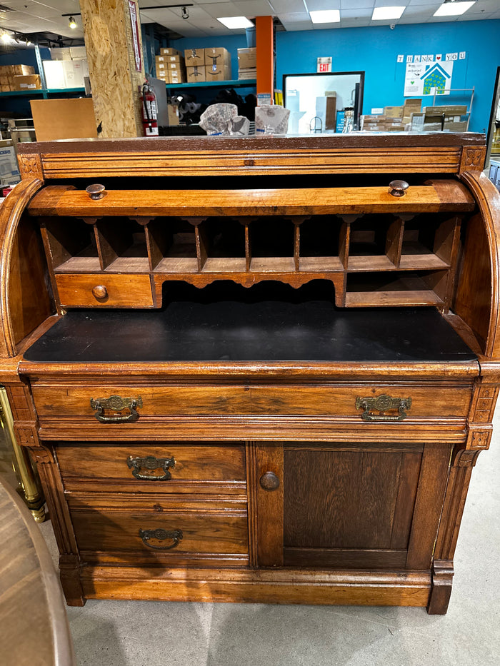 Antique Roll-Top Desk – Solid Wood with Storage