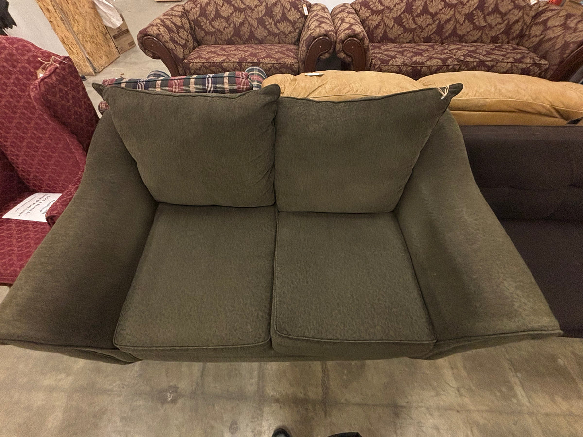 Olive Green Loveseat with Throw Pillows